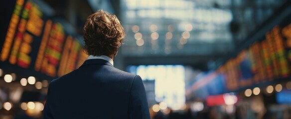The businessman observing financial market trends at a bustling terminal.