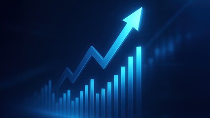 Blue glowing arrows and bars climb upward through and light effects, Virtual Charts, Success Arrow