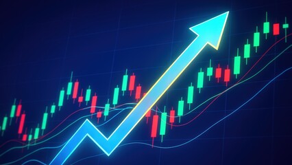 Upward arrow across glowing trading charts with soft curves and bright colors on dark screen, showing Virtual Charts, Success Arrow