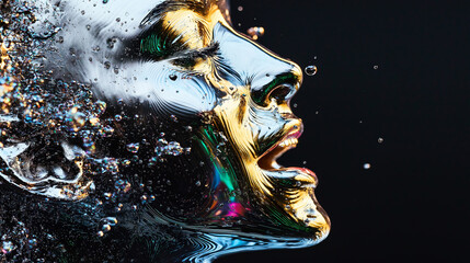 Metallic surreal human face with water droplets and vibrant colors