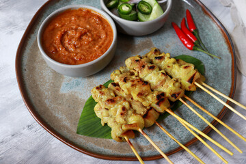 Pork satay grilled skewer with peanut sauce. Asian food.