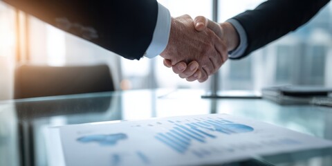 The handshake signifies a successful business partnership in a modern office setting.