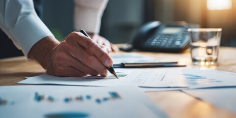 The professional hand writing on financial documents during a business review.
