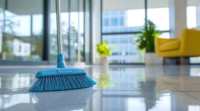 A blue broom with a green handle and bristles on a white tiled floor.