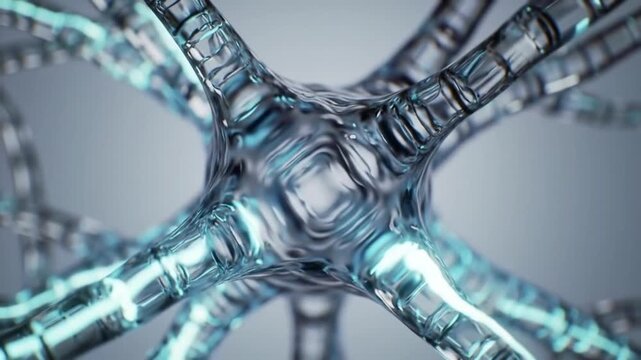 Glowing impulses travel through a glass-like neuron network, symbolizing brain activity and artificial intelligence.