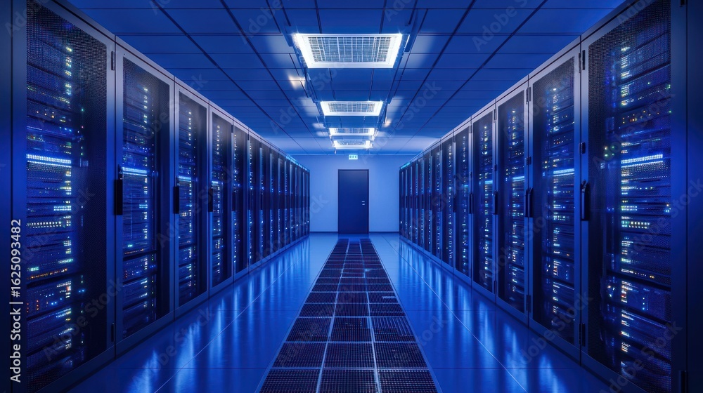 Poster a long hallway with rows of server racks in a data center.