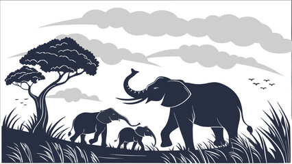 Strong and emotional silhouette showing an elephant family in unity. © Alamin