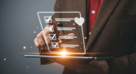 Person reviewing a digital checklist with health icons and glowing elements