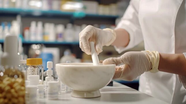 A detailed view of a pharmacist preparing a compound medication, carefully measuring ingredients in a professional pharmacy setting.
