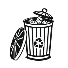 Monochrome silhouette of a full trash bin with a recycling sign. Vector icon for waste management and environmental concepts.