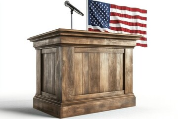 Wooden Podium Speaker Tribune USA. Official Speech Place. Politician speaking place with flag of United States of America. Illustration on white Background.
