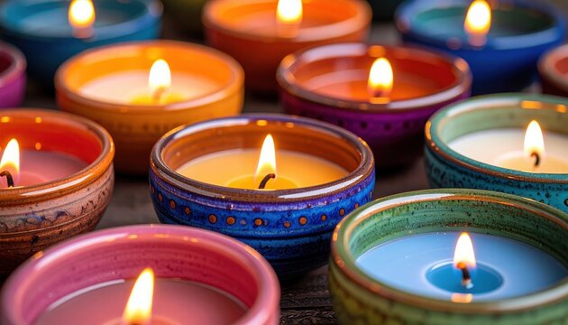 Colorful ceramic candles symbolizing artisanal craft, festive decoration, and mood lighting in cultural or seasonal celebrations