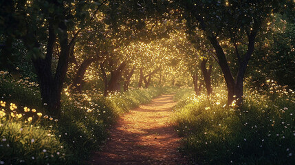 Naklejka premium AI Generated - Path winding through an apple orchard at sunset, with lush green grass and trees on either side. Professional stock photography for commercial use. High-resolution. Premium quality.