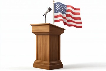 Wooden Podium Speaker Tribune USA. Official Speech Place. Politician speaking place with flag of United States of America. Illustration on white Background.
