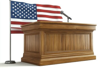 Wooden Podium Speaker Tribune USA. Official Speech Place. Politician speaking place with flag of United States of America. Illustration on white Background.