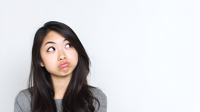 Asian teenage girl puffing her cheeks in a comical, thoughtful pose with copy space on white background. meme templates, light humor, youth content, quirky advertising visuals. playful confusion