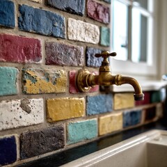 Multi-colored brick wall with antique faucet