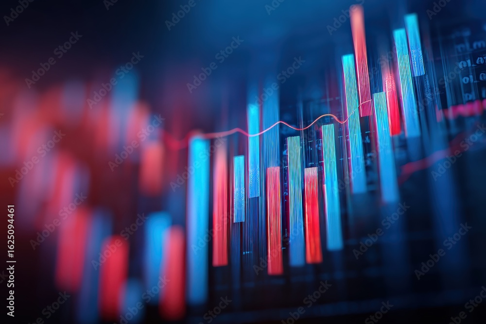 Poster a vibrant digital display of financial data, showcasing colorful bar graphs and fluctuating lines re