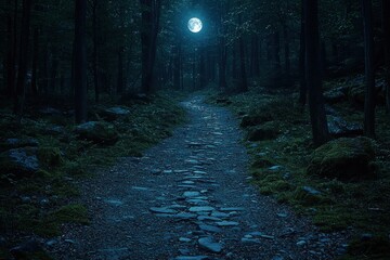 Moonlight path through a dark forest