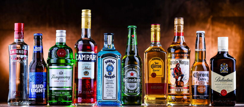 Bottles of popular global liquor brands