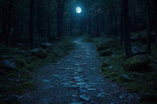 Moonlight path through a dark forest - Powered by Adobe