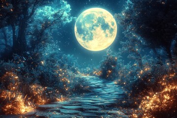 Moonlight path through a mystical forest