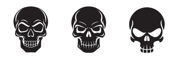 Collection of Black Skull Silhouettes on White Background for Halloween or Gothic Designs and Vector Illustrations