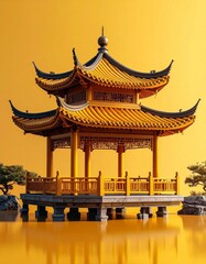 Fototapeta premium Golden Chinese Pavilion on Calm Water Surrounded by Minimalist Landscape
