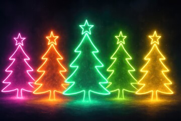 Colorful neon Christmas trees illuminate a festive atmosphere during the holiday season, creating a vibrant display of lights at night