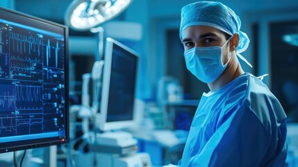 A male surgeon in a blue surgical gown and mask, standing in a hospital operating room with a monitor displaying vital signs.