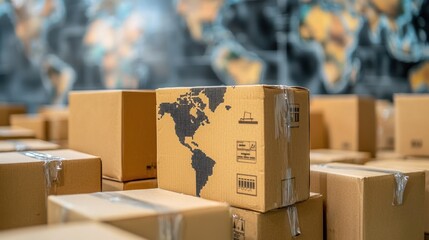 Stack of cardboard boxes with a world map on them.