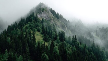 Misty mountain peak, shrouded in a hazy cloud cover, with dense green forest slopes