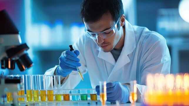 A scientist in a lab coat and goggles, working with test tubes and a microscope in a laboratory.