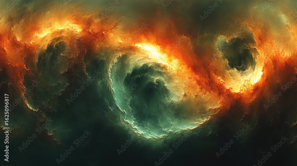Poster abstract cosmic background with swirling clouds of fire and ethereal green light creating a