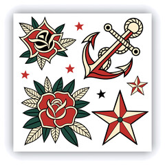 The image you’ve uploaded is a vibrant collection of vintage tattoo flash designs, featuring traditional American tattoo motifs such as roses, hearts, daggers, wings, keys, and banners with words like