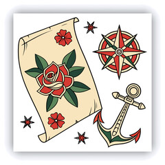 The image you’ve uploaded is a vibrant collection of vintage tattoo flash designs, featuring traditional American tattoo motifs such as roses, hearts, daggers, wings, keys, and banners with words like