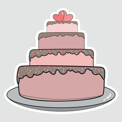 Pink Three-Tier Cake Vector Illustration Sticker. A charming vector illustration of a pink three-tier cake adorned with sprinkles and a heart topper, perfect for celebrations and festive designs