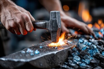 Crafting metal with hammer and anvil in a traditional workshop setting