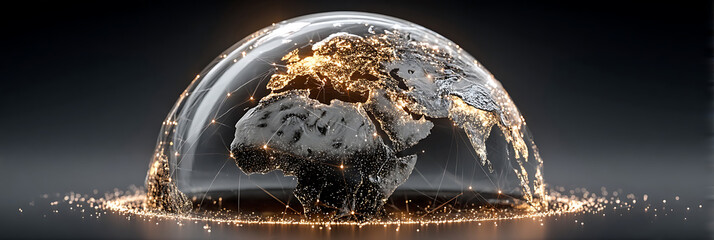 Illuminated earth concept in glass hemisphere on dark background