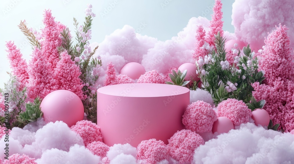 Poster clean mockup podium surrounded by pastel clouds and abstract minimal elements