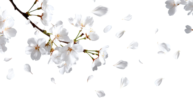 White cherry blossoms and falling petals against a black background.  Delicate blossoms on a branch with numerous, light white petals scattered around, creating a sense of movement and spring