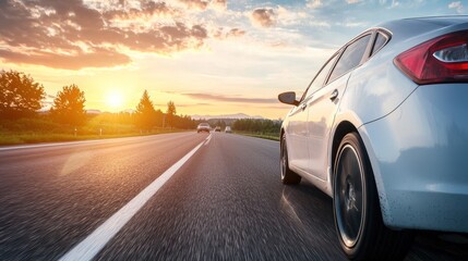 Naklejka premium A white car driving on a road at sunset with a blue sky and trees on the side.