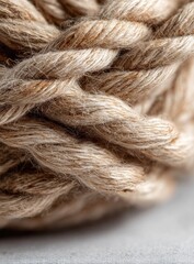 Close-up of a tangled ball of light beige rope