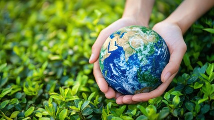 Two hands holding a globe on a green leafy background.