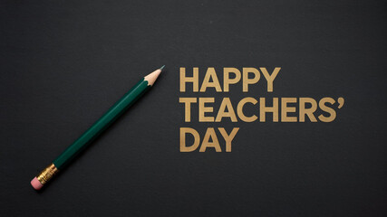 Happy Teachers' Day with Green Pencil on Dark Textured Background, Creative Greeting Design for Teacher Appreciation and Celebration
