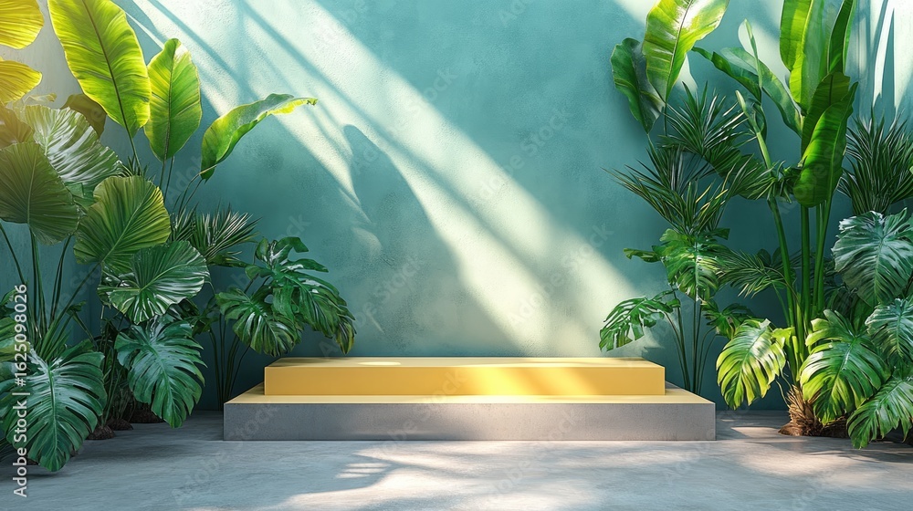 Poster soft pastel yellow setting with geometric display platform for product mockups