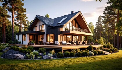 Sunlit Modern Scandinavian Barn House with Expansive Deck in a Pine Forest