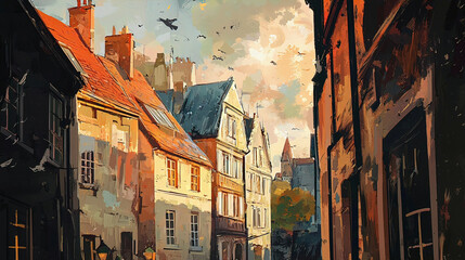 AI Generated - Painting of a city street with buildings on either side, a tree in the foreground, and birds flying in the sky above. Commercial illustration artwork for business applications.