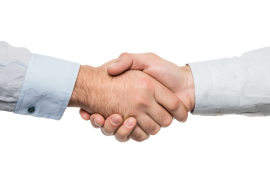 Two individuals shaking hands in a gesture of agreement or greeting, isolated on a transparent background
