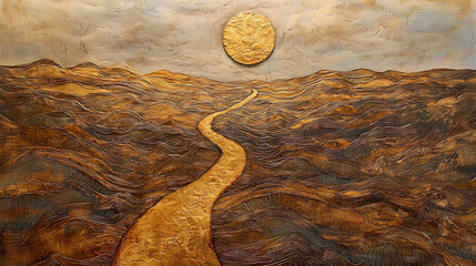 AI Generated - Painting of a winding road in the desert, with a sun in the background. Commercial illustration artwork for business applications. High-resolution. Premium quality. Professional grade.